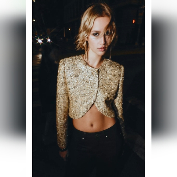 ZARA METALLIC THREAD TEXTURED CROPPED JACKET